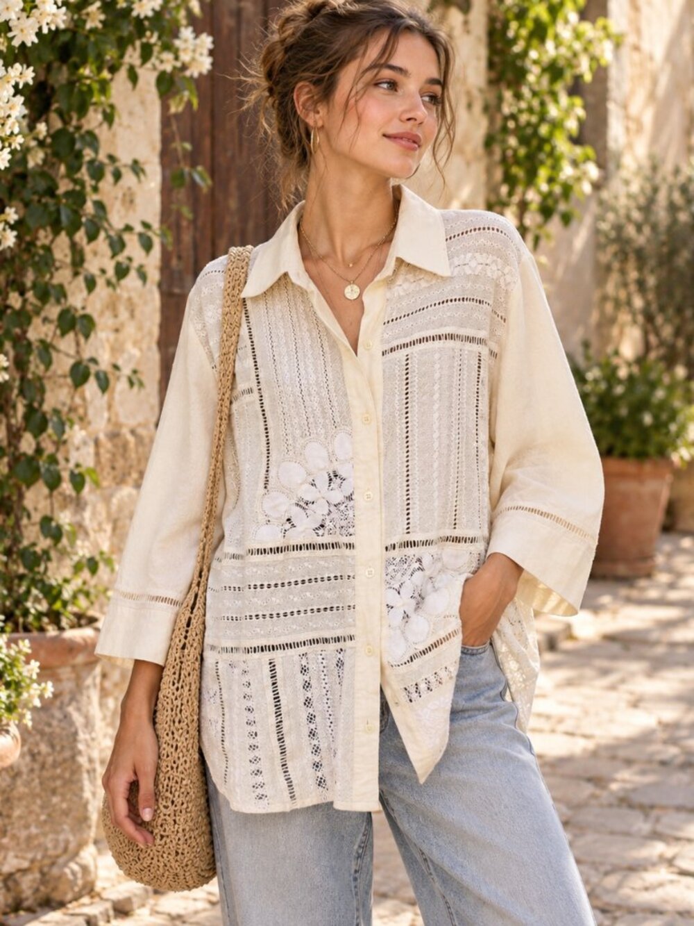 Carolina Giret XL Paraguayan Artisan Cotton Lace Embroidered Boho Blouse
